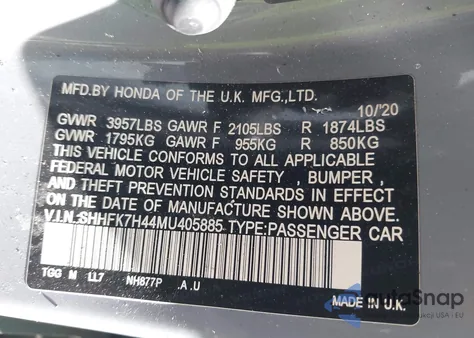 2021 Honda Civic Sport z USA, uszkodzony, nr VIN SHHFK7H44MU405885